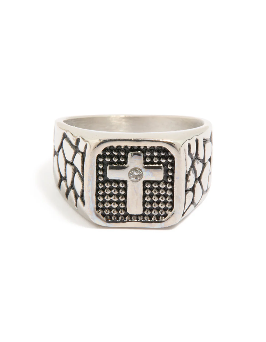 Mens Waterproof Stainless Steel Black Etched Cubic Zirconia Cross Signet Ring - Image 3