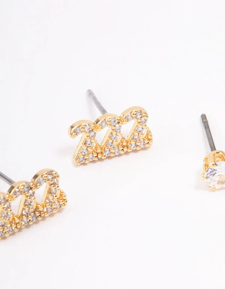 Gold Plated Cubic Zirconia Angel Number 222 Stud Earring Pack - Image 3