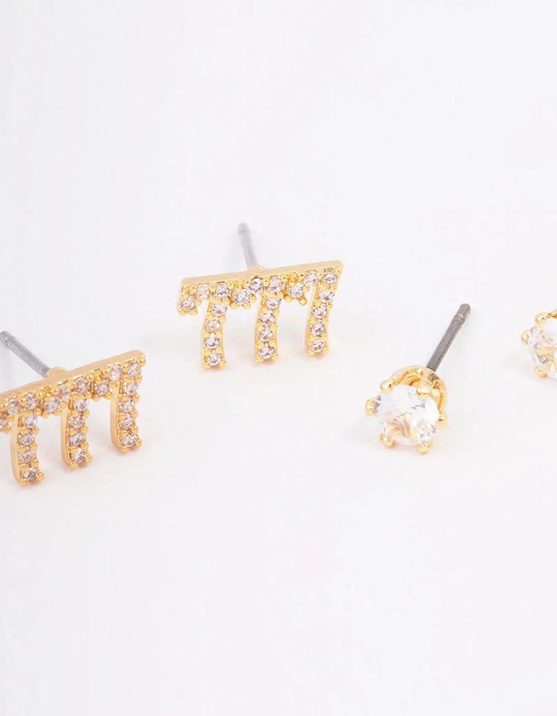 Gold Plated Cubic Zirconia Angel Number 777 Stud Earring Pack - Image 3
