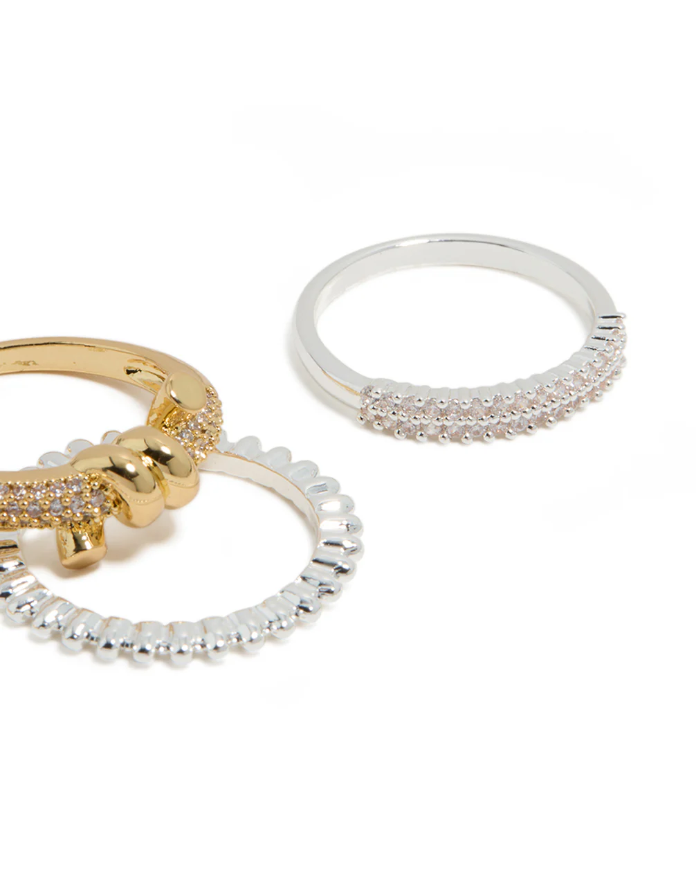 Mixed Metal Plated Cubic Zirconia Knotted Textured Rings 4-Pack - Image 3