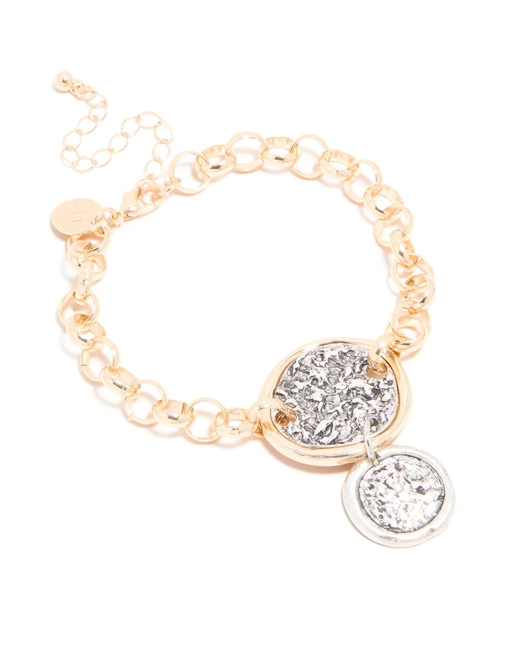 Mixed Metal Textured Disc Drop Charm Bracelet