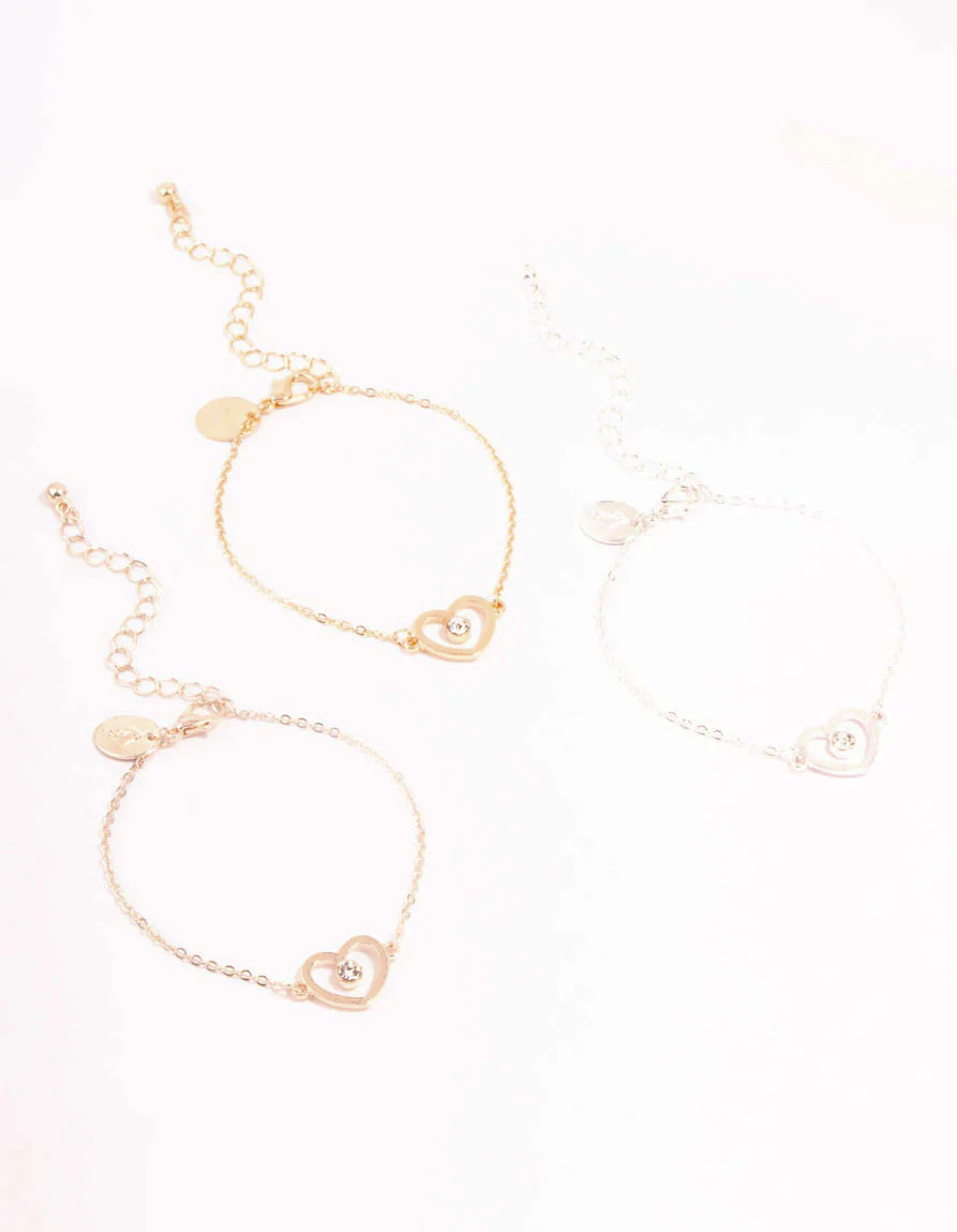 Mixed Metals Diamante Heart Outline Bracelets 3-Pack