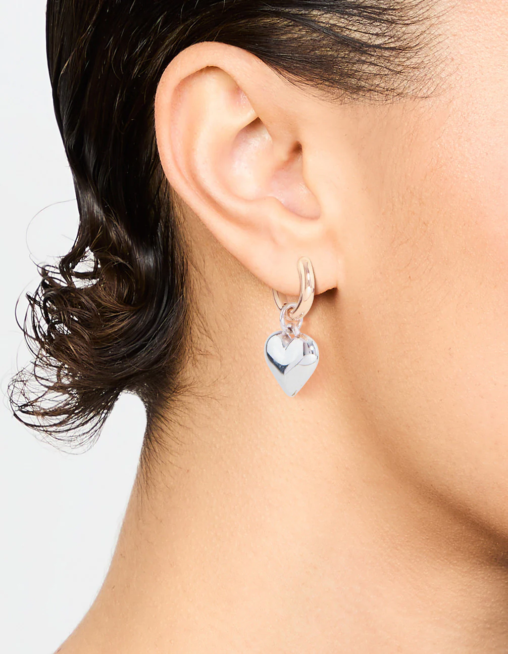 Mixed Metals Medium Chubby Heart Drop Huggie Earrings - Image 2
