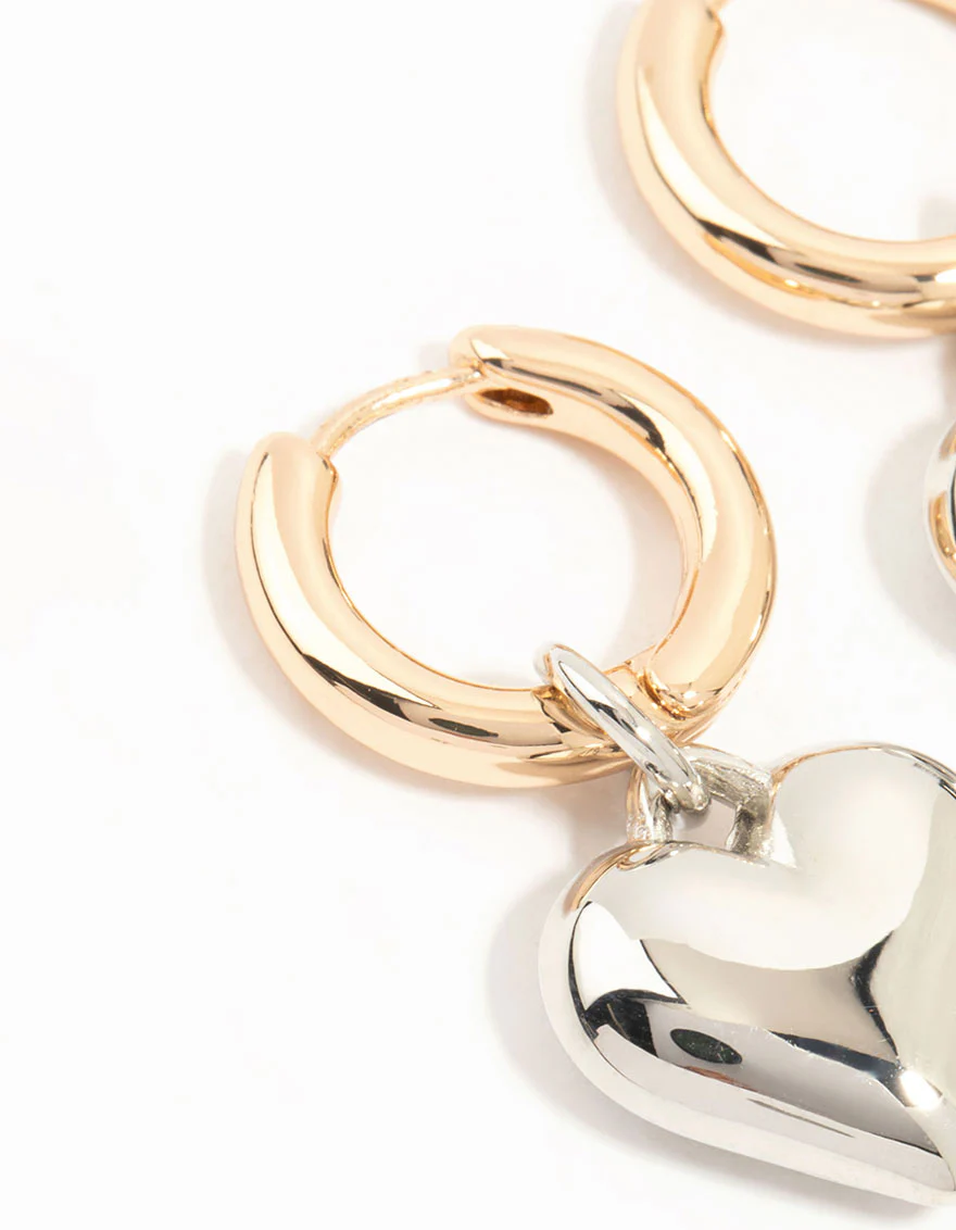 Mixed Metals Medium Chubby Heart Drop Huggie Earrings - Image 4