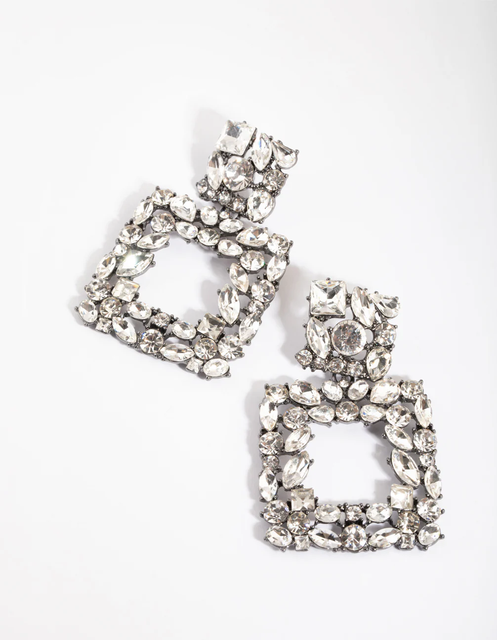 Gunmetal Square-Cut Diamante Drop Earrings
