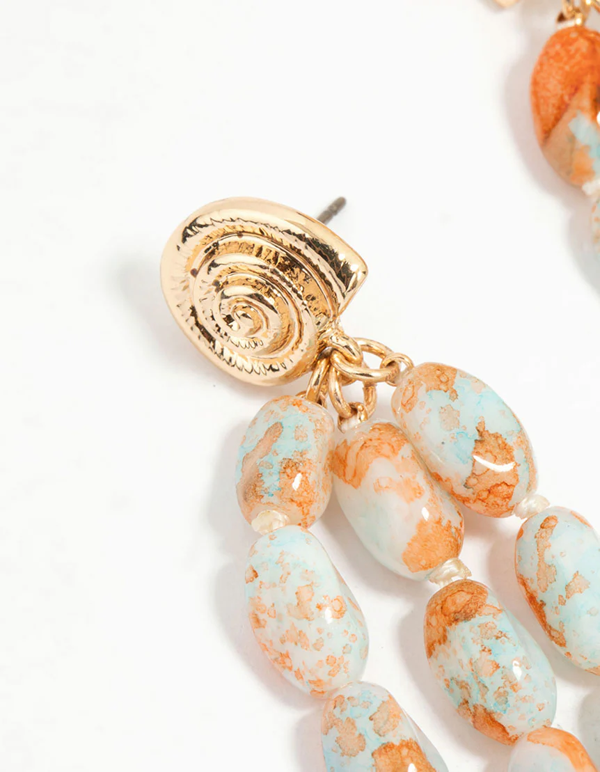 Orange & Blue Beaded Swirl Triple Drop Earrings - Image 4