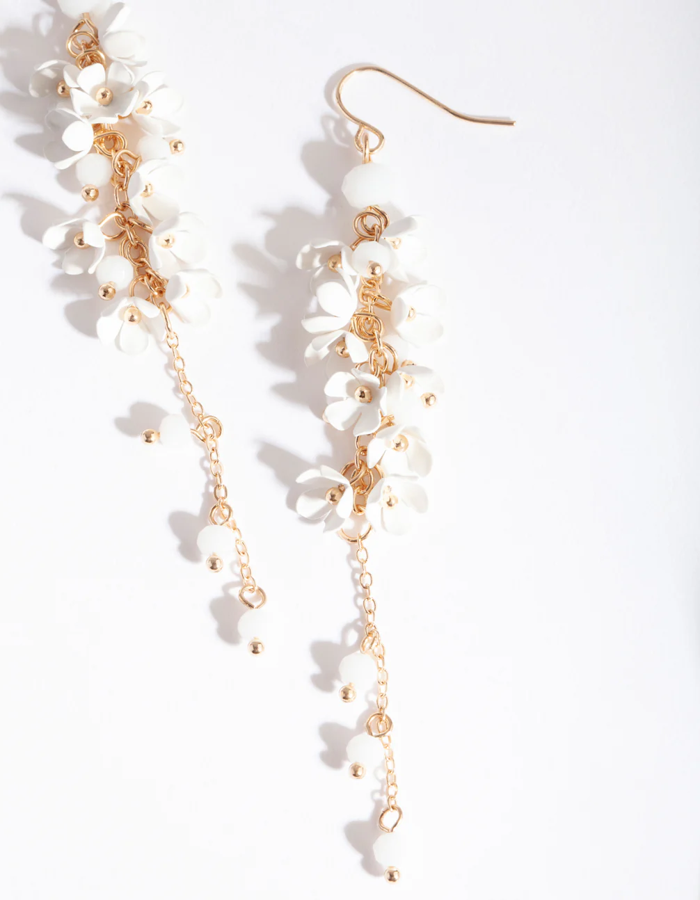 Gold White Flower Cluster Drop Earrings - Image 2