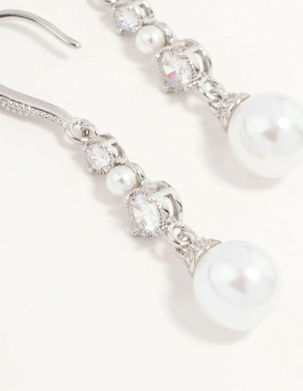 Silver Pearl & Cubic Zirconia Drop Hook Earrings - Image 2