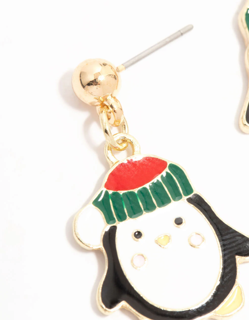 Penguin With Beanie Gold Drop Earrings - Image 2