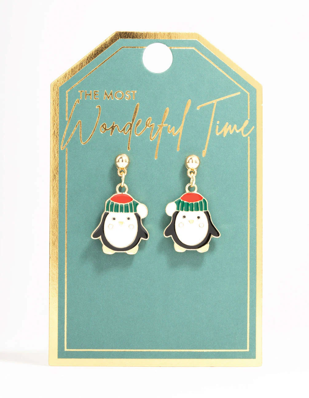 Penguin With Beanie Gold Drop Earrings - Image 3