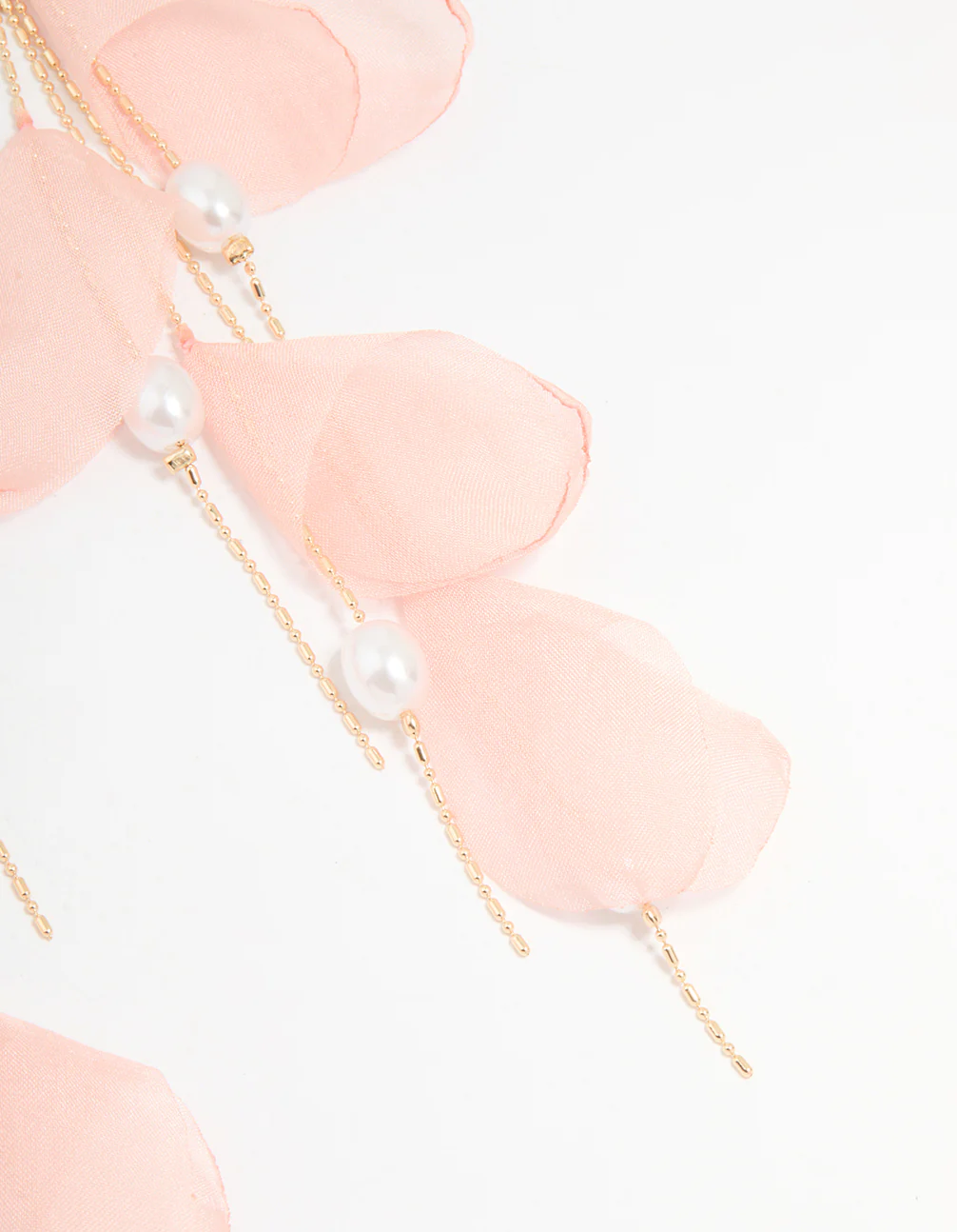 Pink Fabric Petal Chain Pearl Drop Earrings - Image 3