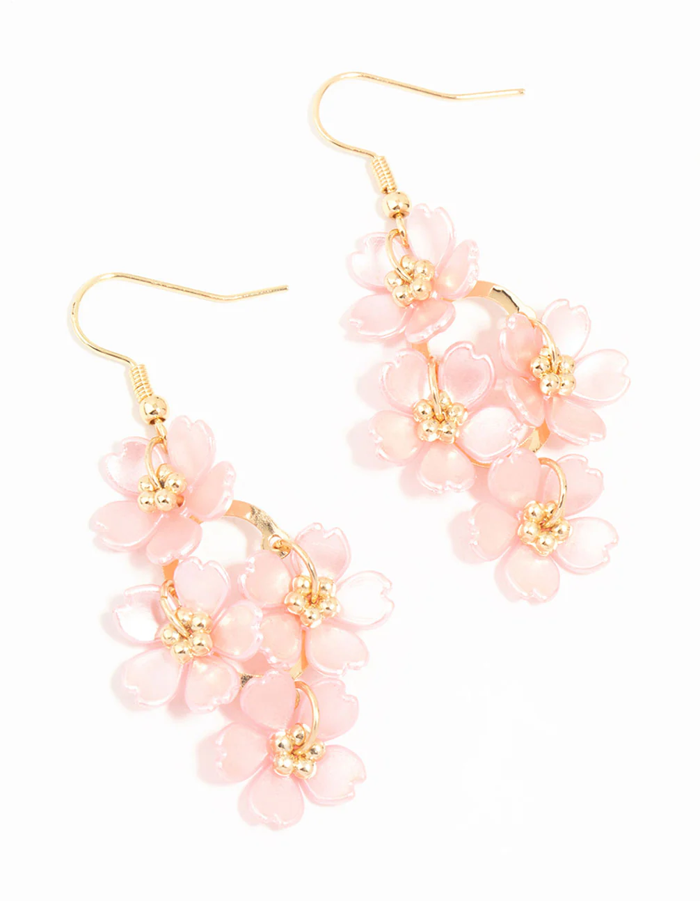 Pink Pearlised Flower Vine Gold Drop Earrings - Image 2