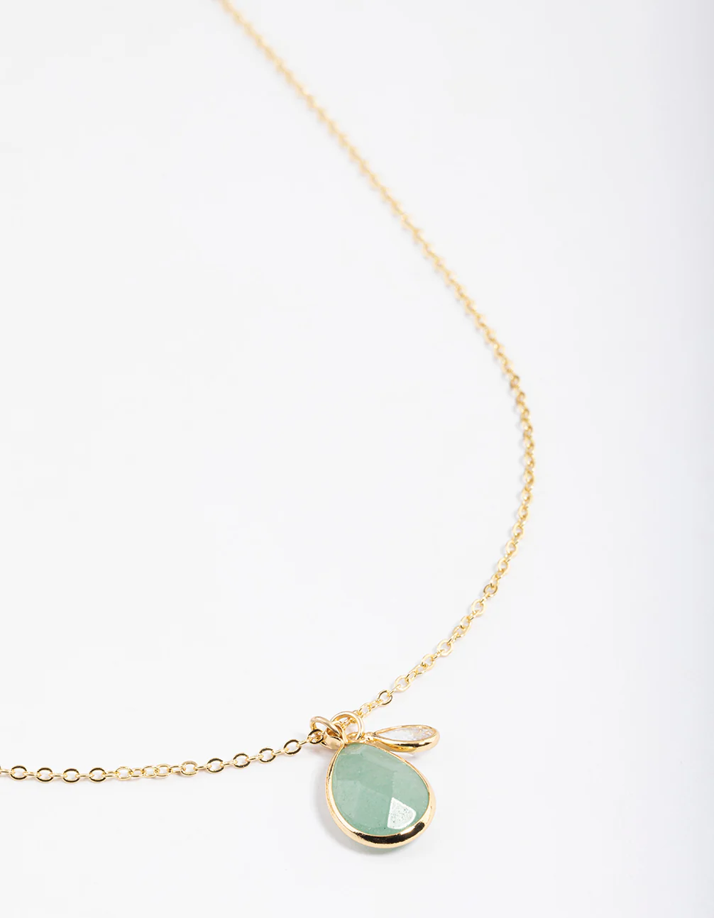 Gold Plated Green Adventurine Cubic Zirconia Droplet Pendant Necklace
