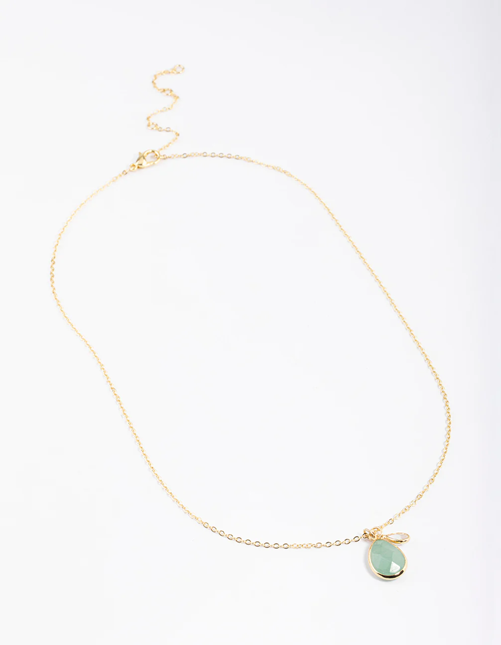 Gold Plated Green Adventurine Cubic Zirconia Droplet Pendant Necklace - Image 2