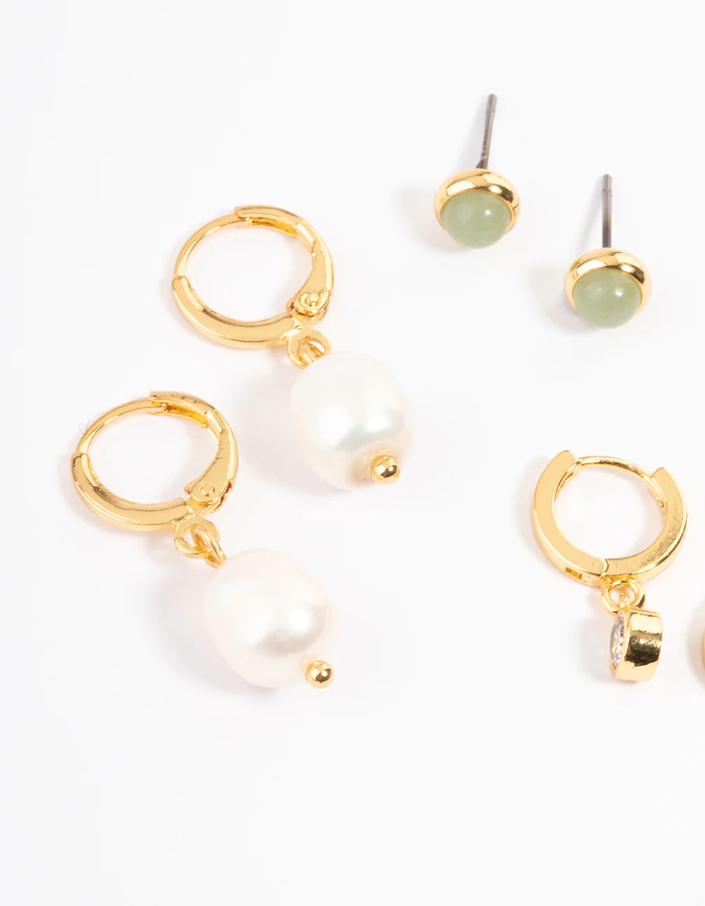 Gold Plated Green Aventurine Freshwater Pearl Cubic Zirconia Earring Pack - Image 2