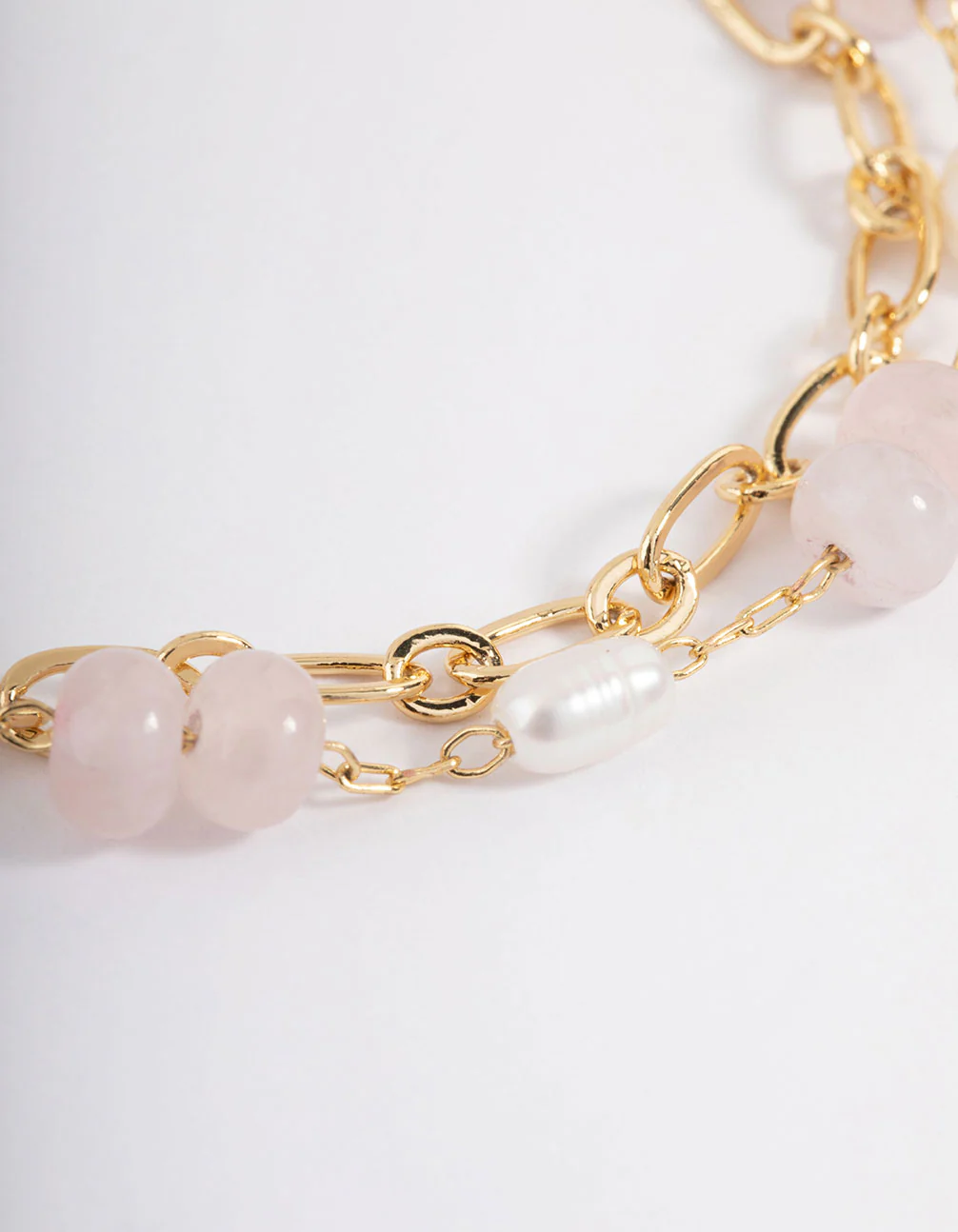 Gold Plated Rose Quartz Freshwater Pearl Double Row Chain Bracelet - Image 2