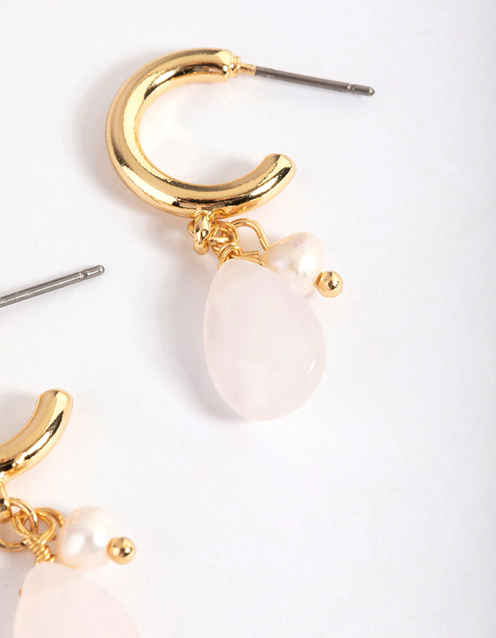 Gold Plated Rose Quartz Freshwater Pearl Charm Hoop Earrings - Image 2