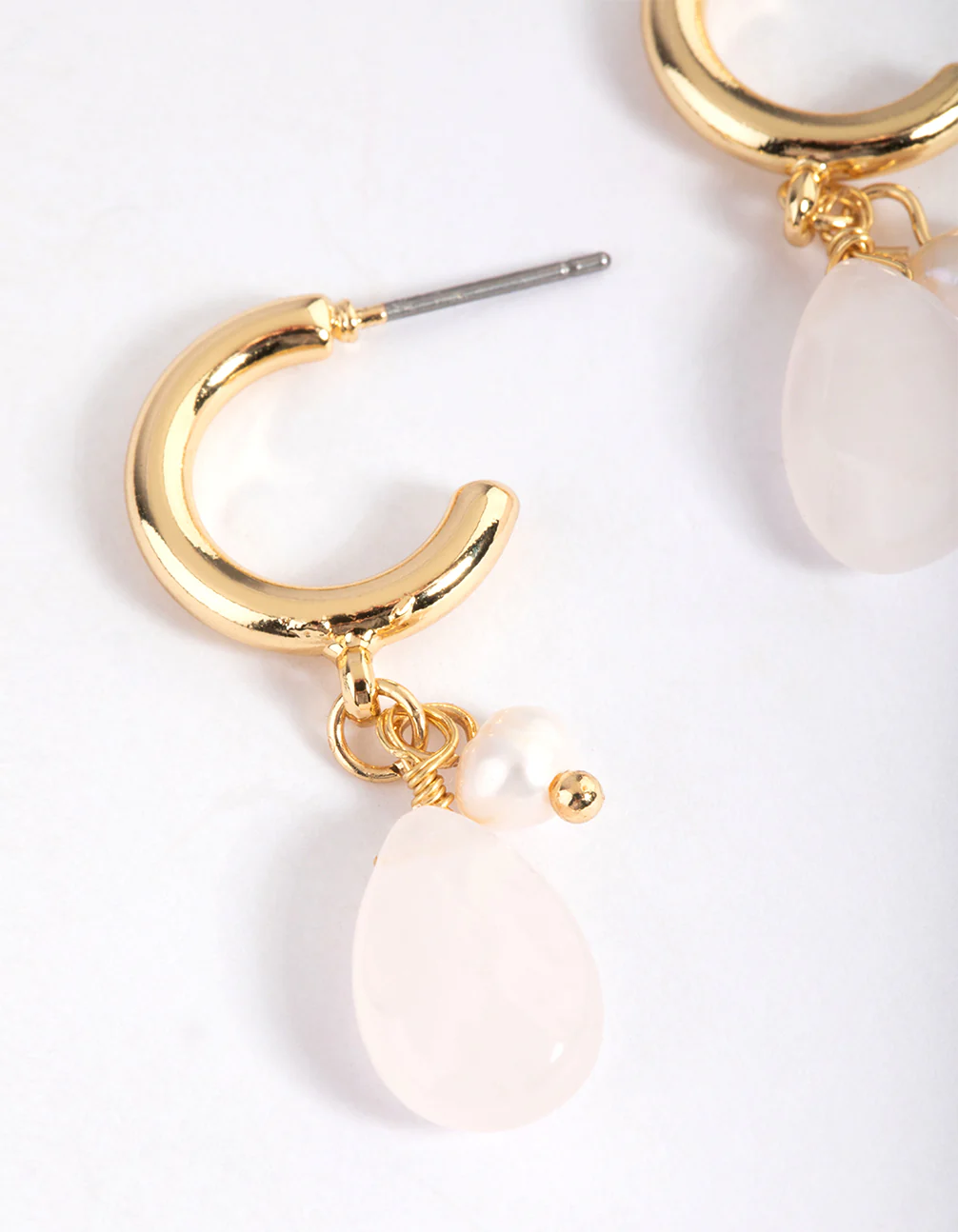 Gold Plated Rose Quartz Freshwater Pearl Charm Hoop Earrings - Image 3