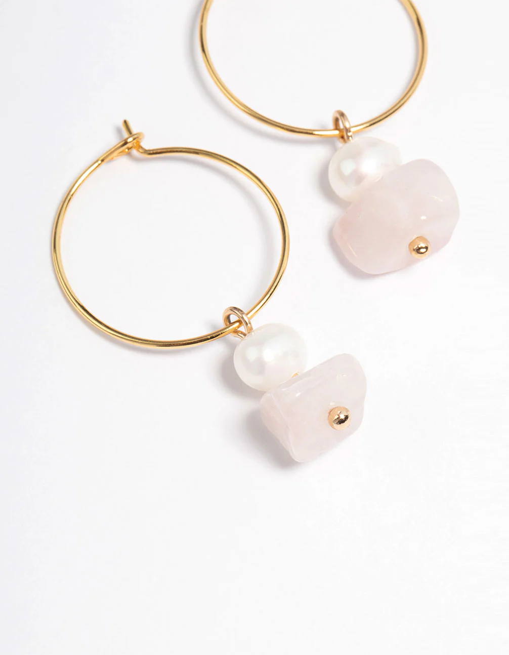 Gold Plated Rose Quartz Freshwater Pearl Wire Hoop Earrings - Image 2