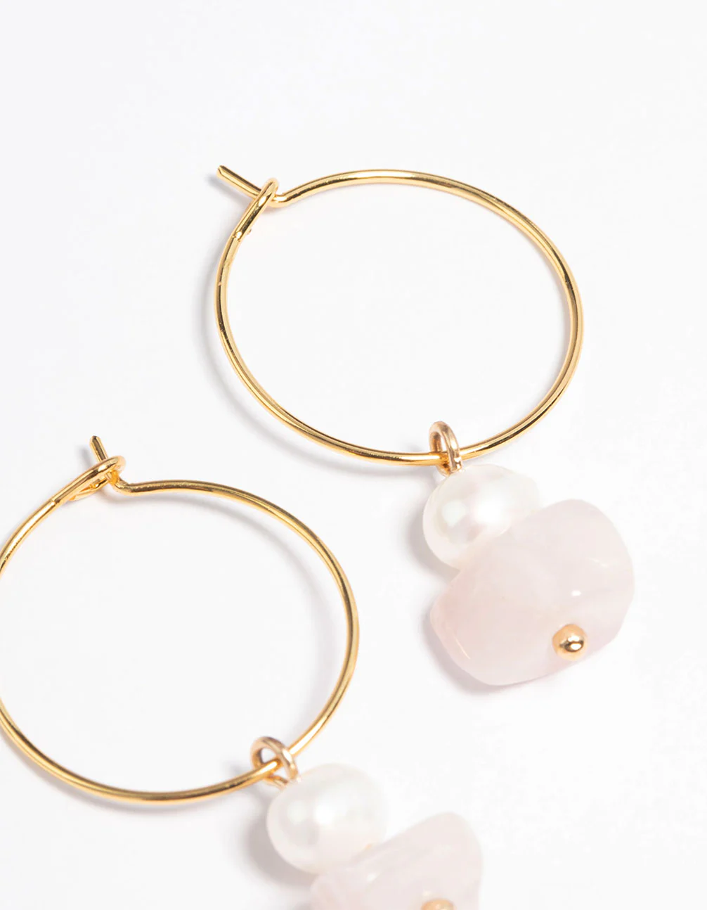 Gold Plated Rose Quartz Freshwater Pearl Wire Hoop Earrings - Image 3