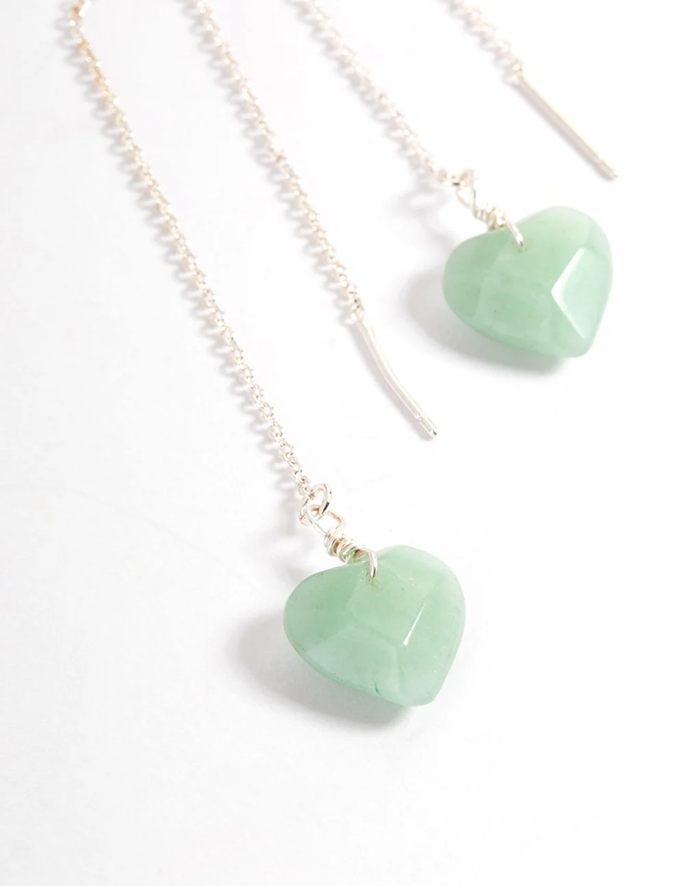 Silver Plated Green Aventurine Facet Heart Thread Earrings - Image 2