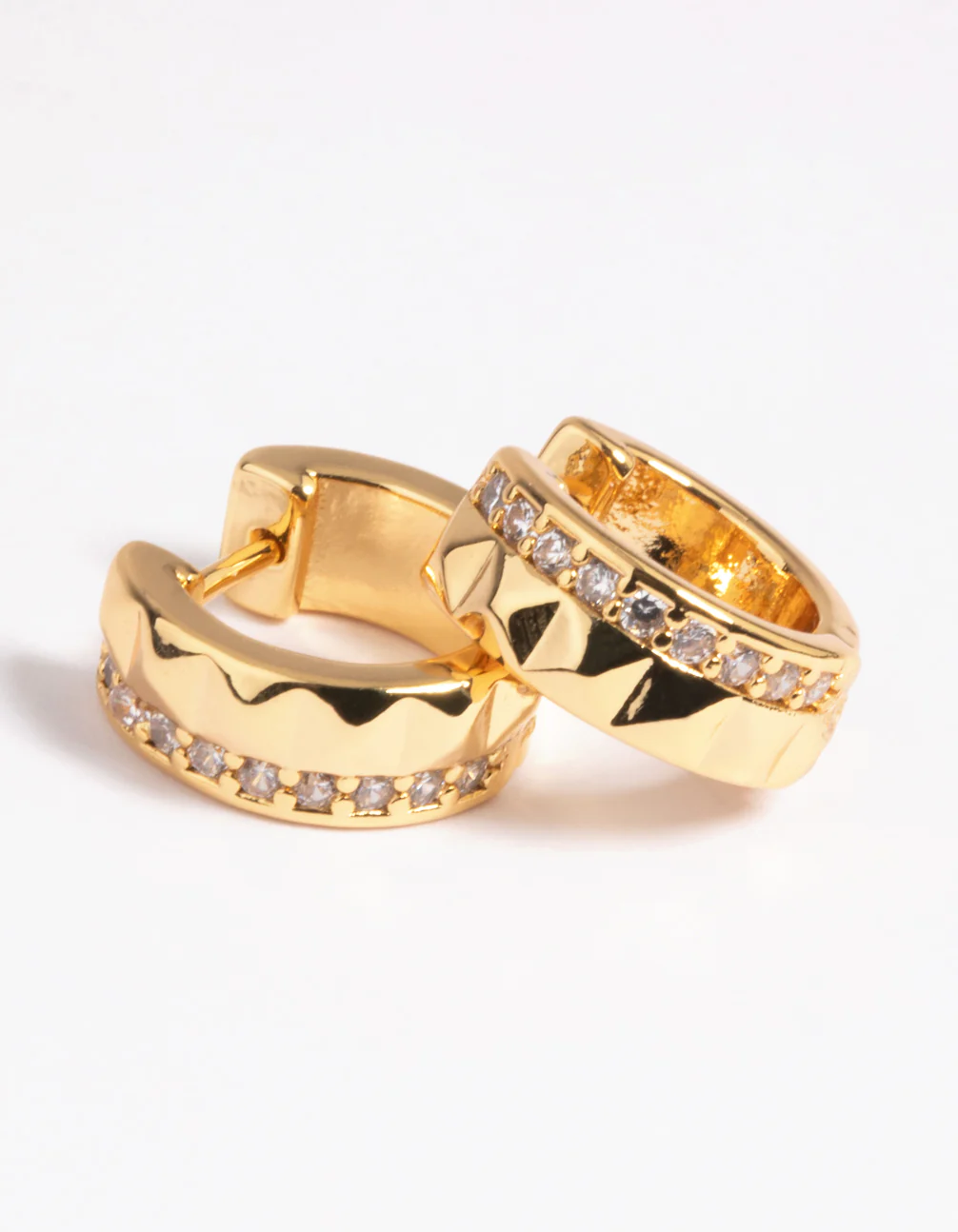 Gold Plated Cubic Zirconia Textured Huggie Hoop Earrings - Image 3