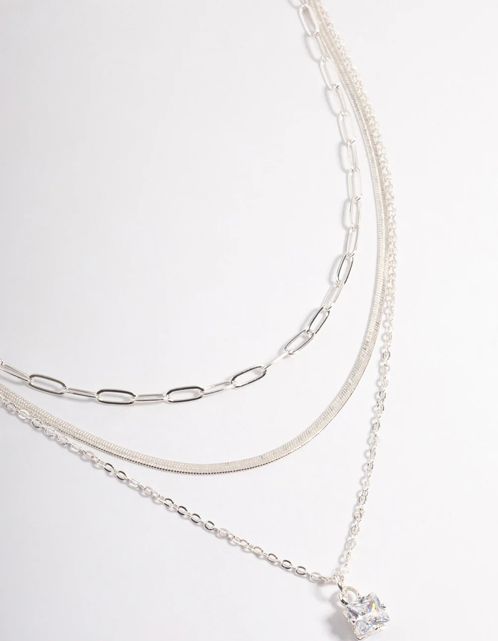 Silver Plated Square Cubic Zirconia Drop Chain Necklace