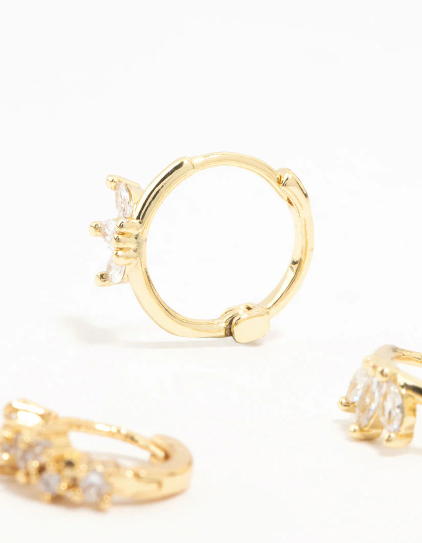 Gold Plated Brass Cubic Zirconia Leaf Hoop & Crawler Earrings 3-Pack - Image 3