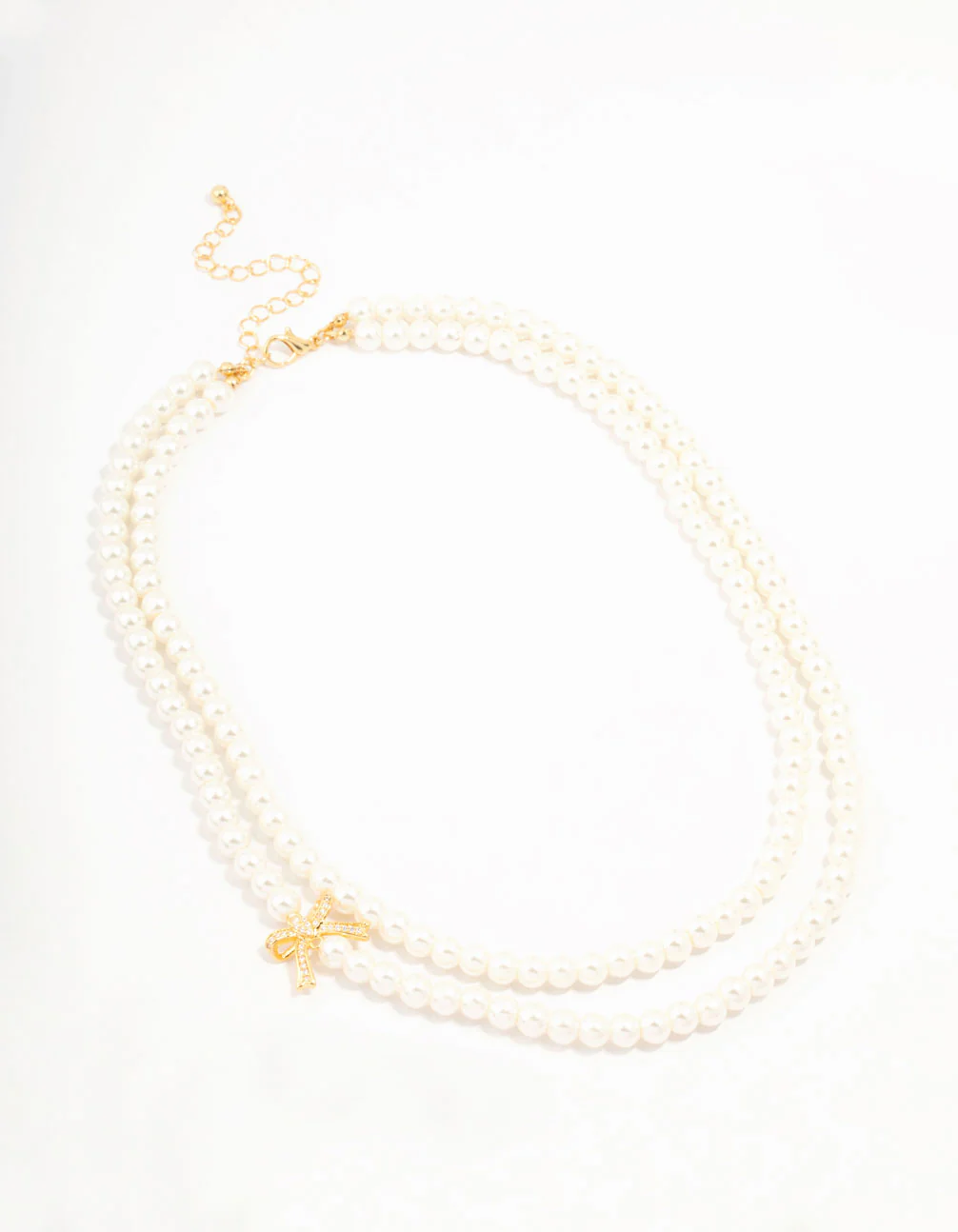 Real Gold Plated Layered Freshwater Pearl Strand Bow Necklace - Image 2