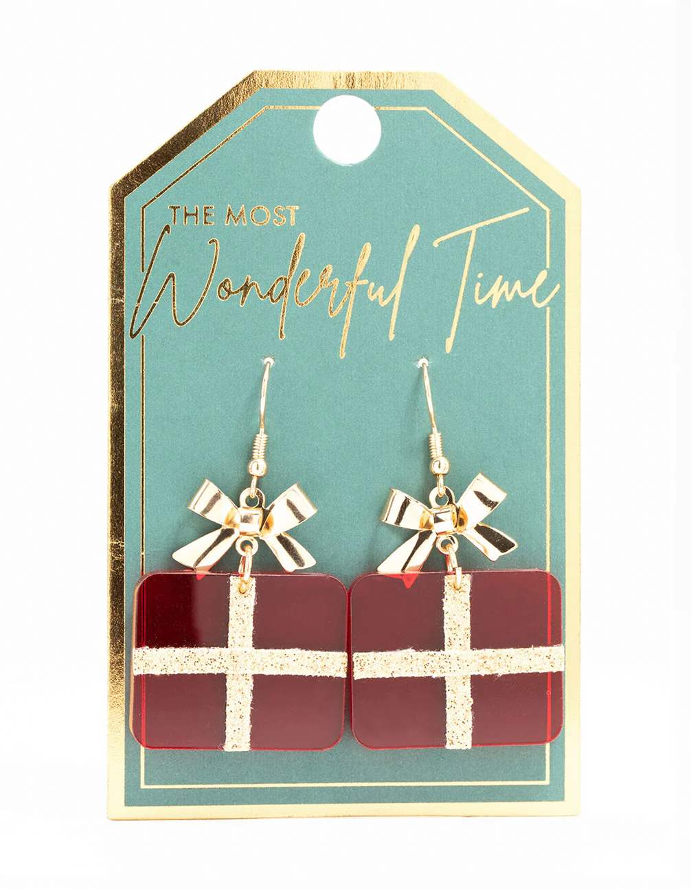 Gold & Red Acrylic Present Drop Earrings - Image 3
