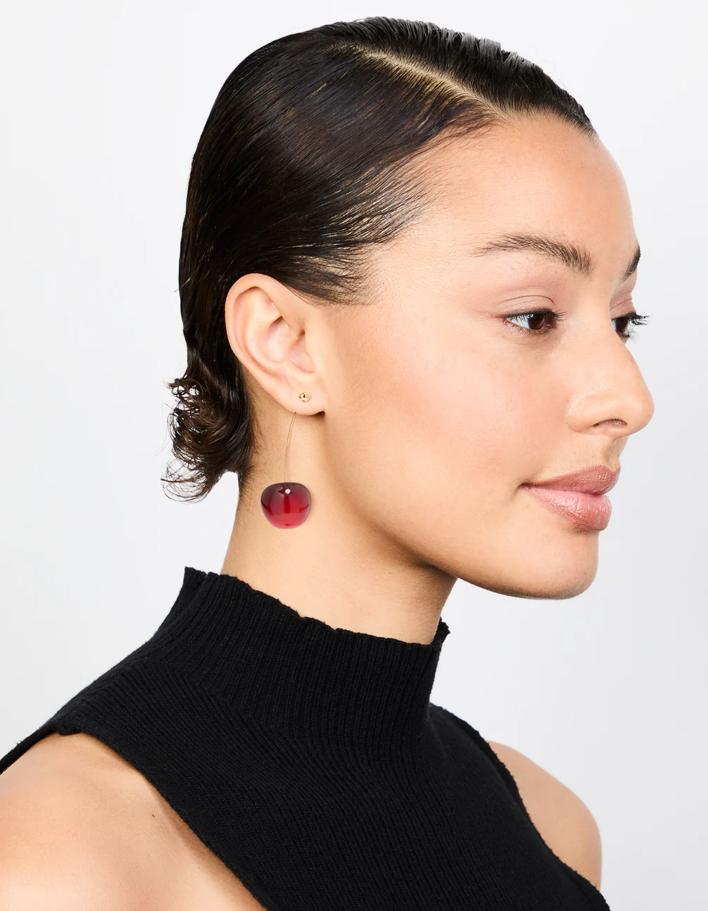 Red Cherry Thread Through Gold Drop Earrings - Image 3