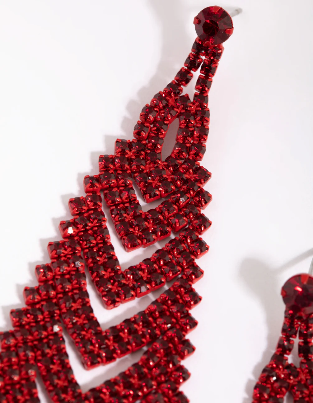 Matte Red V Diamante Drop Earrings - Image 3