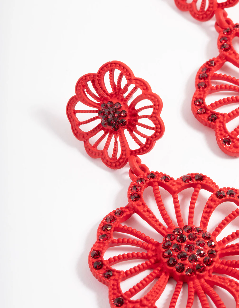 Red Diamante Flower Drop Earrings - Image 2