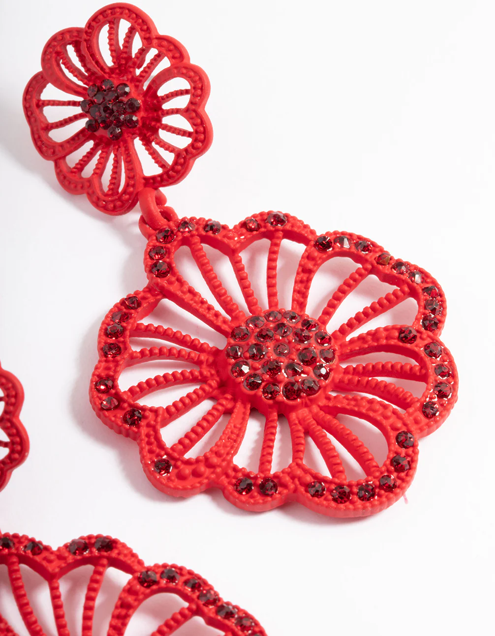 Red Diamante Flower Drop Earrings - Image 3