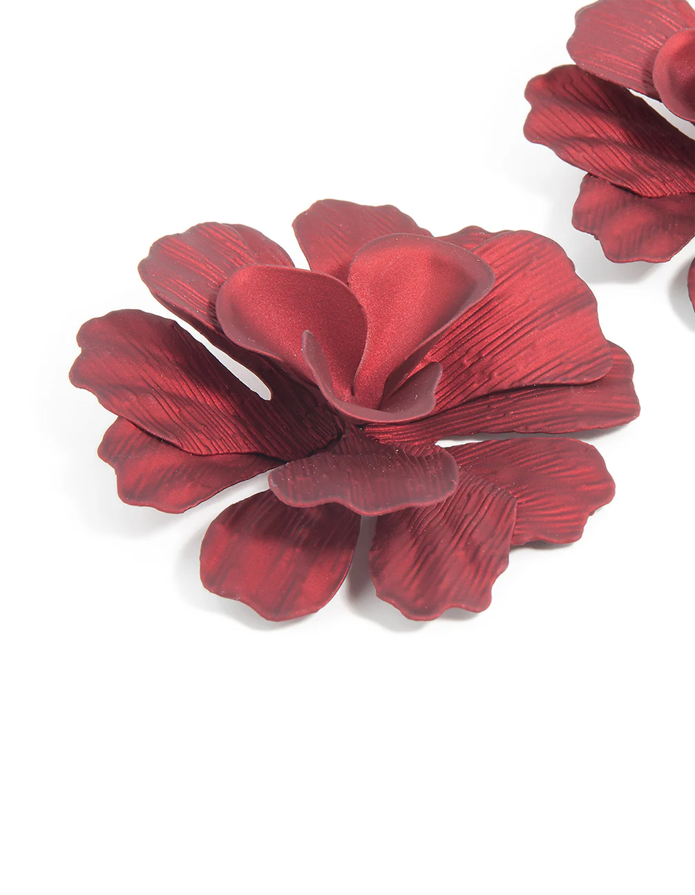 Red Coated Metal Textured Flower Large Stud Earrings - Image 3