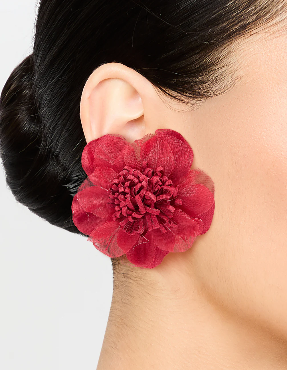 Red Fabric Poppy Flower Stud Earrings - Image 2