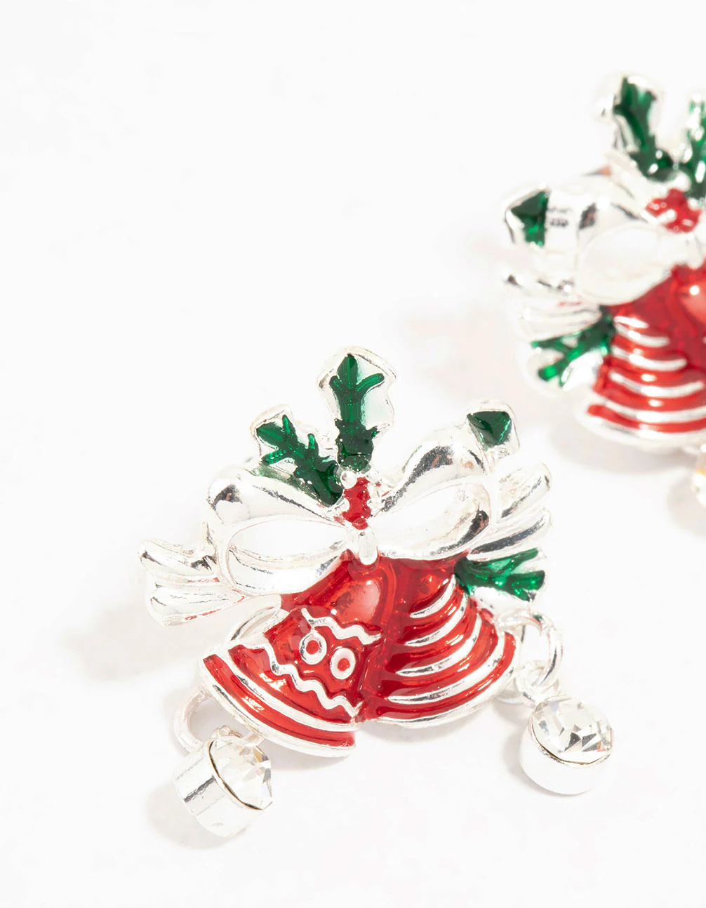 Red & Green Diamante Bells Silver Stud Earrings - Image 2