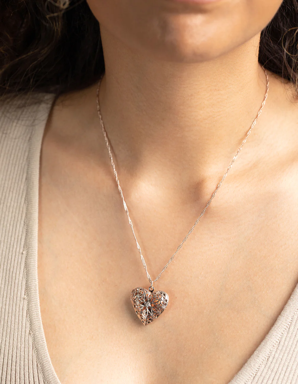 Rose Gold Diamante Heart Locket Necklace - Image 2