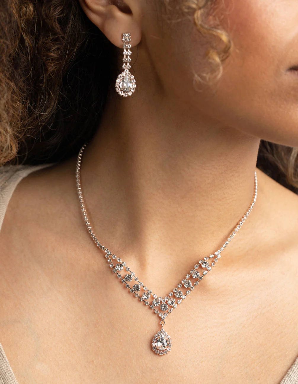 Rose Gold Diamante Necklace & Earrings Set - Image 2