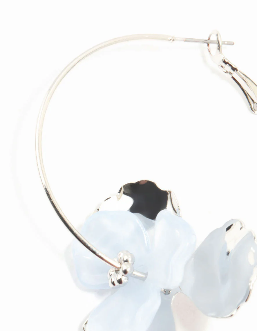 Silver & Blue Flower Hoop Drop Earrings - Image 2