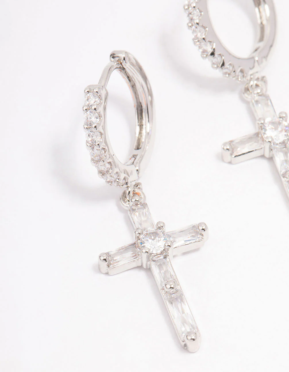 Silver Cubic Zirconia Cross Huggie Hoop Earrings - Image 2