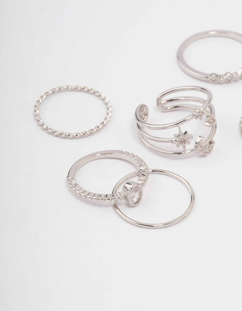 Silver Cubic Zirconia Moon & Stars Rings 5-Pack - Image 2