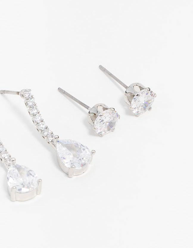 Silver Cubic Zirconia Stud & Drop Earrings 3-Pack - Image 3