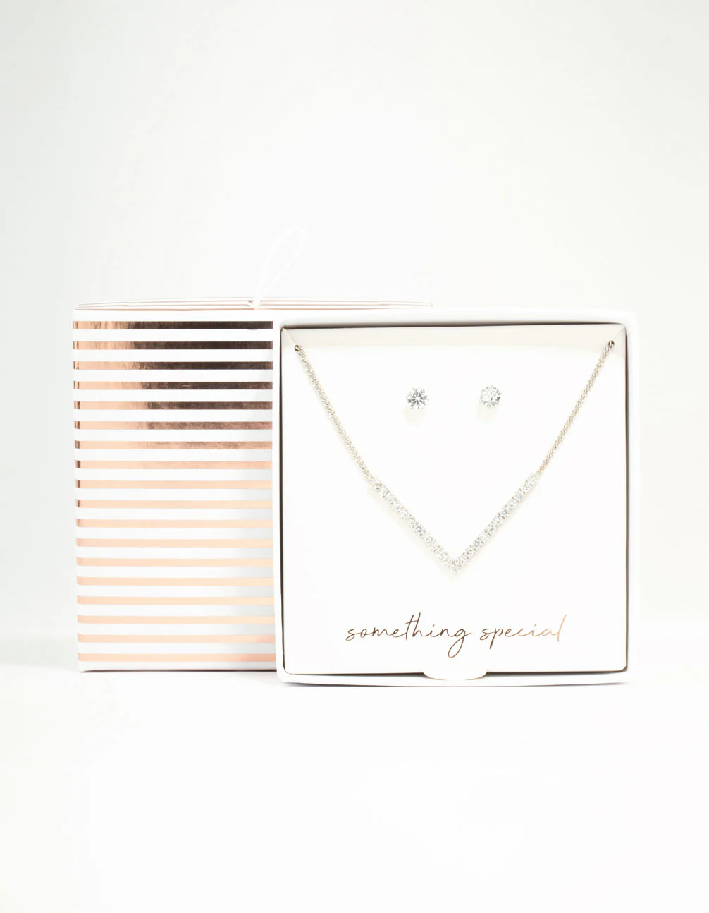Silver Cubic Zirconia V-Necklace & Stud Earrings Set - Image 2