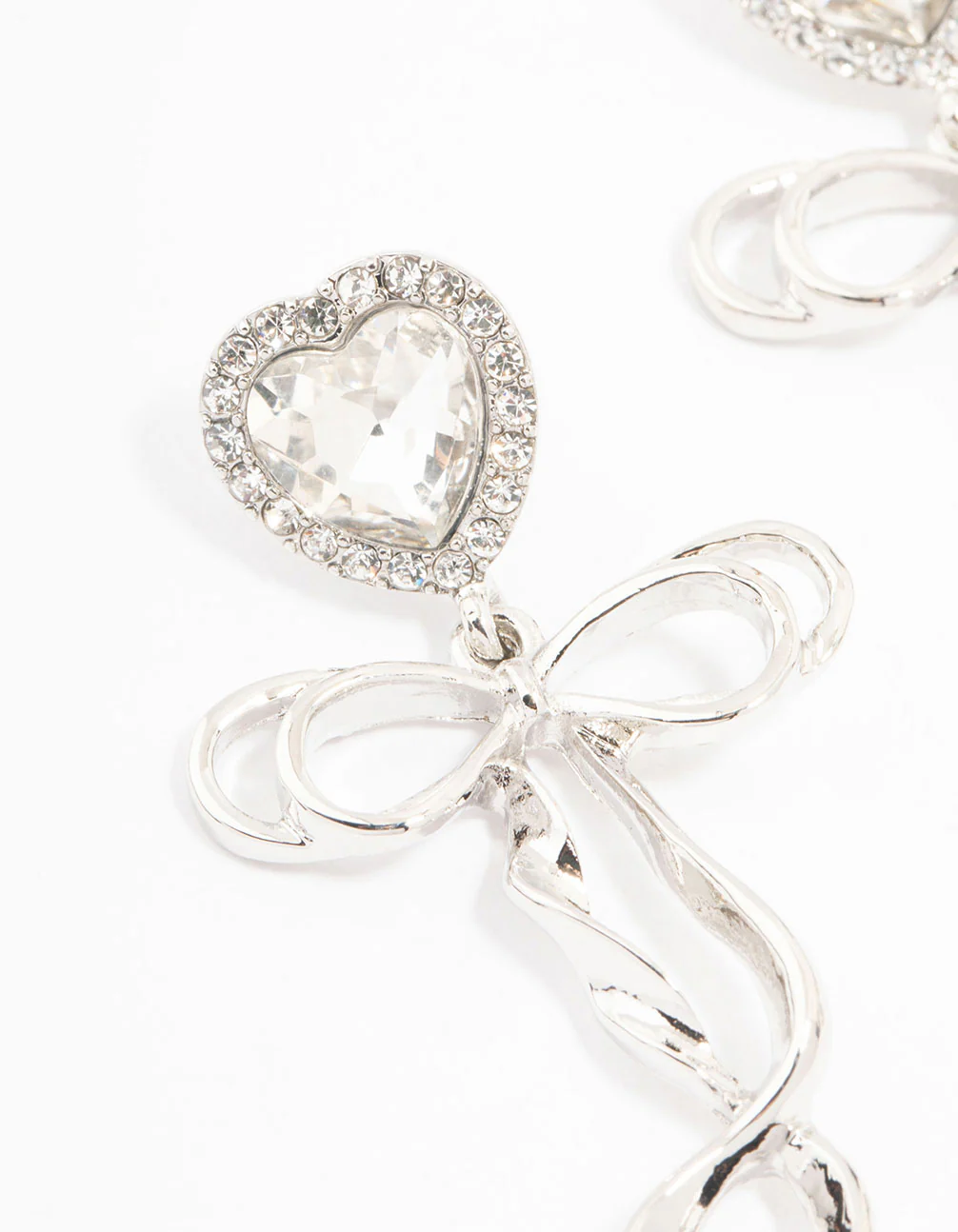 Silver Diamante Heart Bow Drop Earrings - Image 2