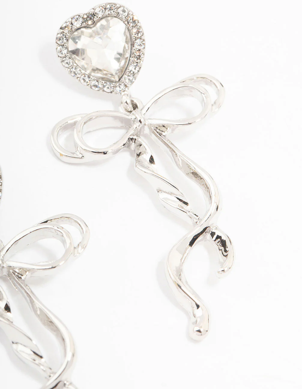Silver Diamante Heart Bow Drop Earrings - Image 3