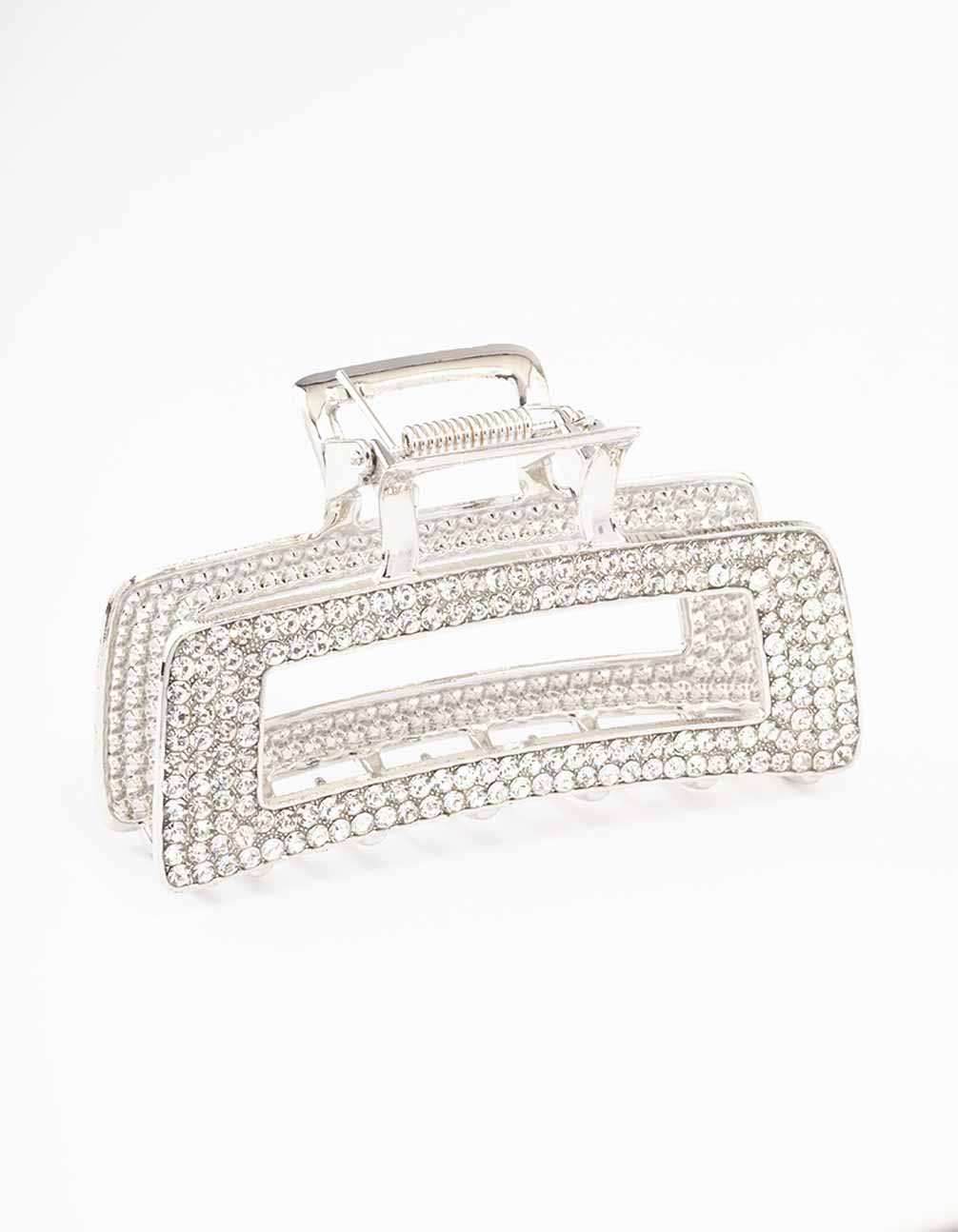 Silver Diamante Rectangle Hair Claw Clip - Image 2