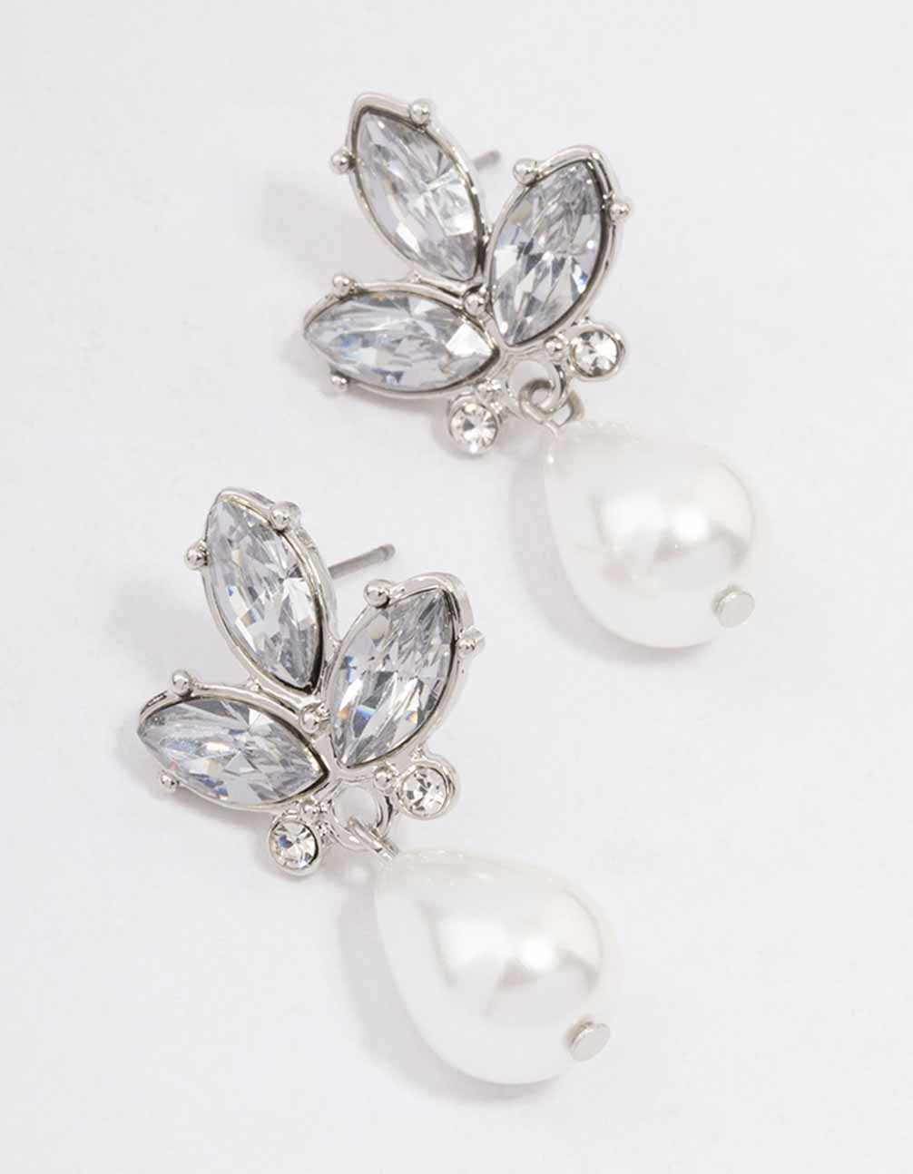 Silver Diamante Teardrop Pearl Drop Earrings
