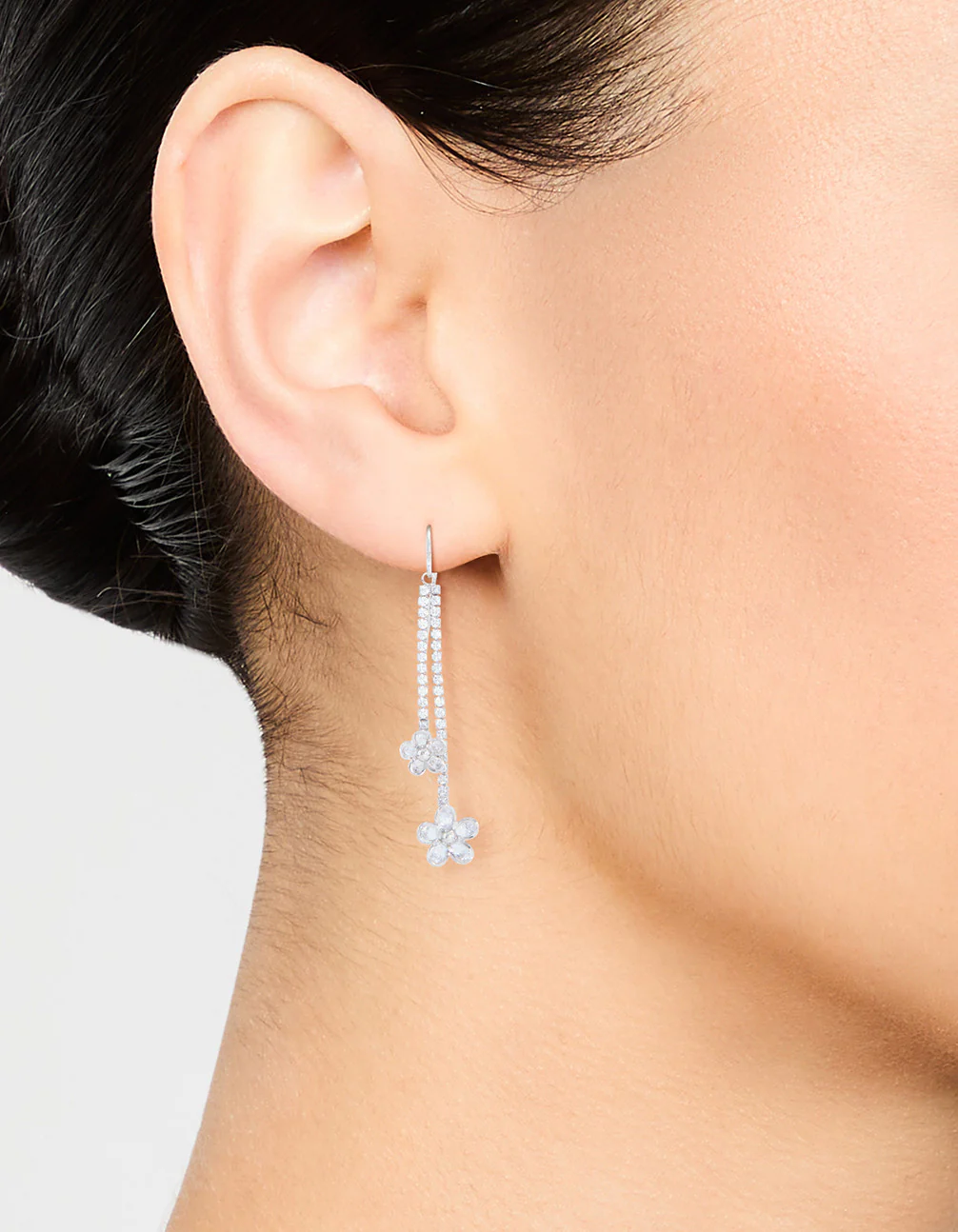 Silver Cubic Zirconia Flower Hook Drop Earrings - Image 2