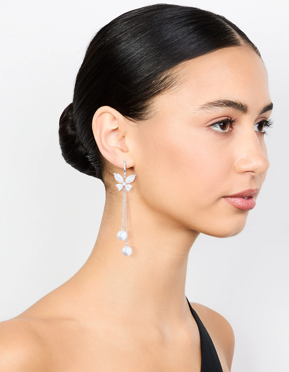 Silver Plated Cubic Zirconia, Pearl & Butterfly Huggie Earrings - Image 3